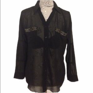 𝅺*moonlight Black Sheer Button Beaded Blouse…